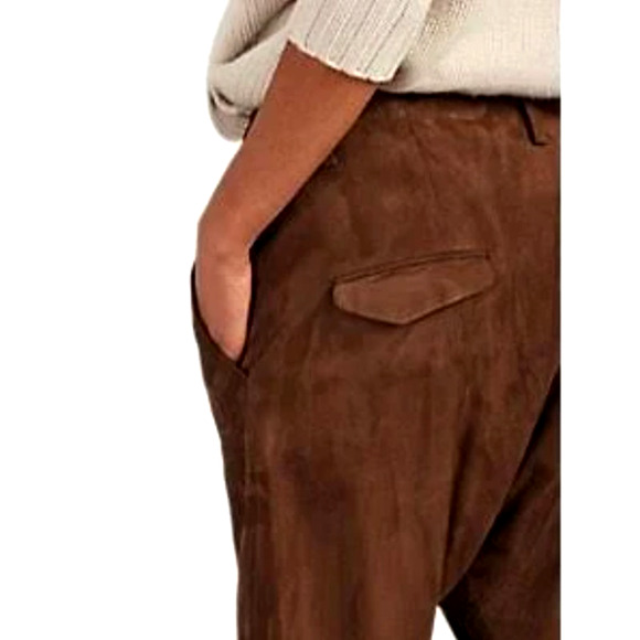 Nili Lotan 8 Goatskin Suede Paris Pants Drop Crotch Slouchy Leather Cognac Brown - Picture 7 of 16